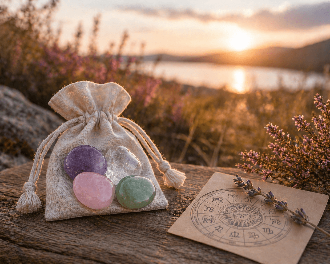 Stjernetegn og krystaller guide med healingssæt til stjernetegn, fire udvalgte lommesten og astrologisk inspiration til balance, energi og personlig udvikling