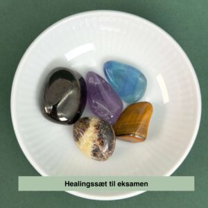 Healingssæt til eksamen med jet, septarie, fluorit, tigerøje og ametyst
