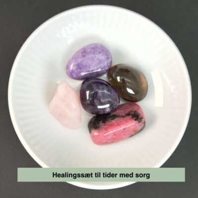 Healingssæt til sorg med rosakvarts, ametyst, røgkvarts, lepidolit og rhodonit