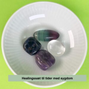 Healingssæt til sygdom med ametyst, fluorit, sodalit og bjergkrystal