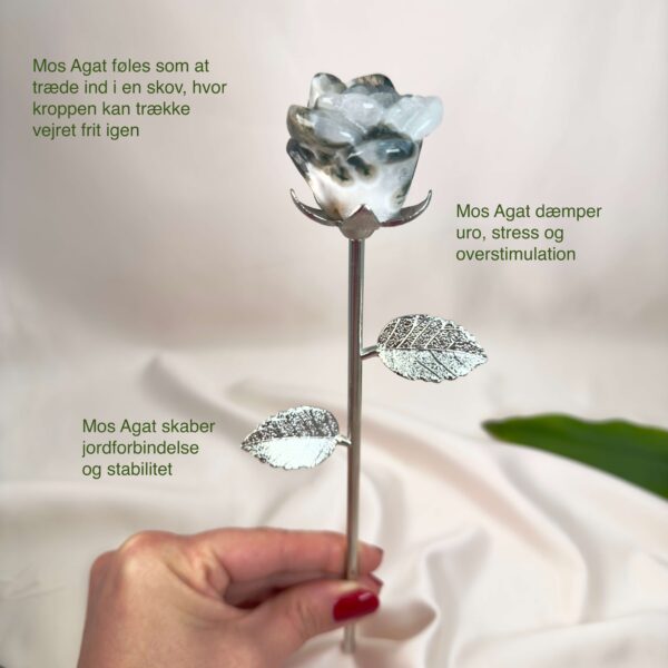 Mos Agat rose med naturlige grønne mønstre og sølvfarvet stilk i elegant design