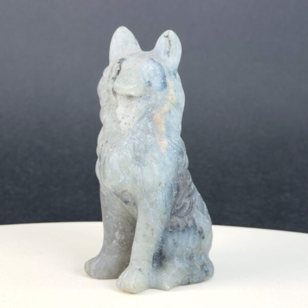 Labradorit Ulvehund med naturligt farvespil og symbolik for intuition, loyalitet, beskyttelse, transformation og indre styrke.