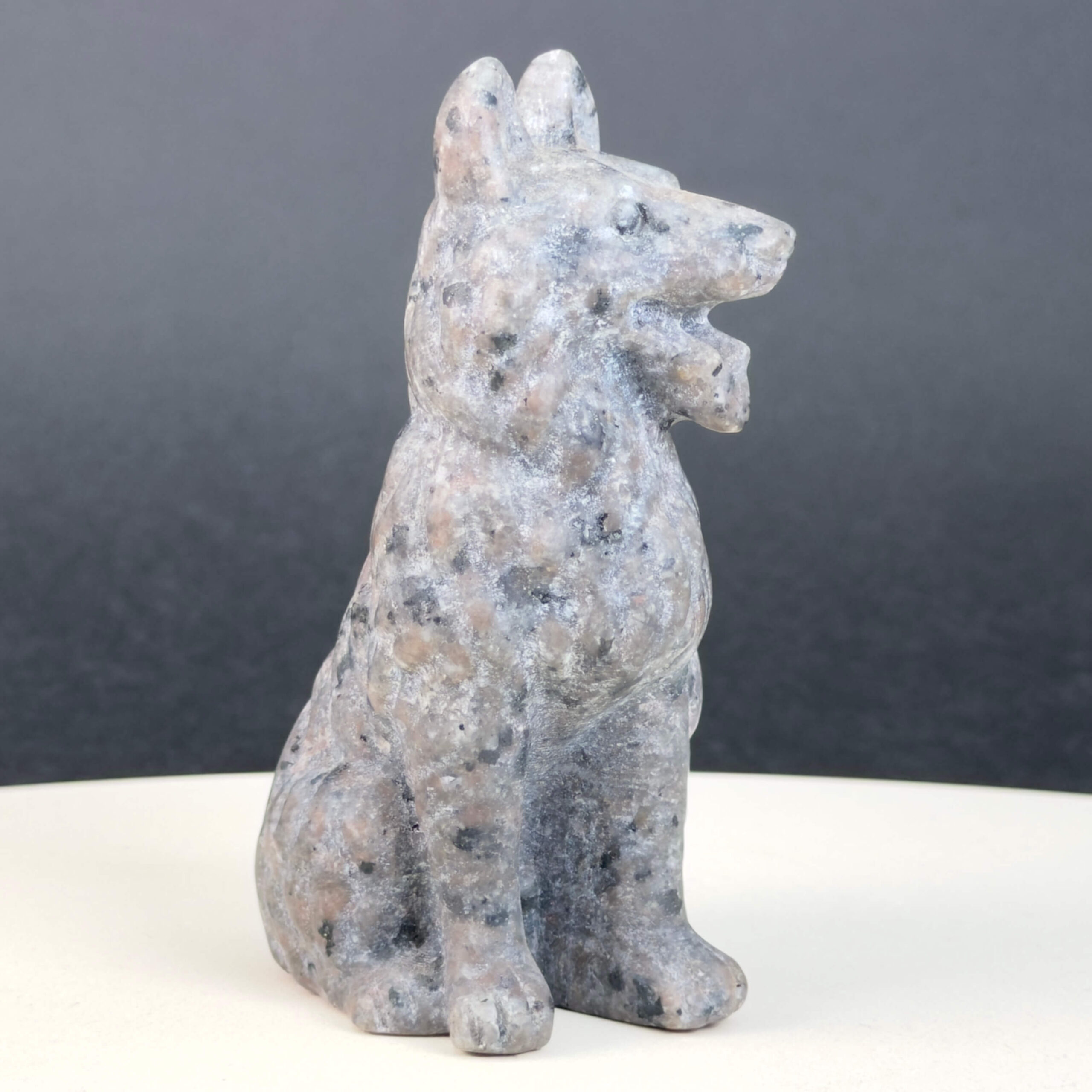 Yooperlite Ulvehund med naturlige grå nuancer og orange fluorescens under UV-lys samt symbolik for loyalitet, intuition og indre styrke.