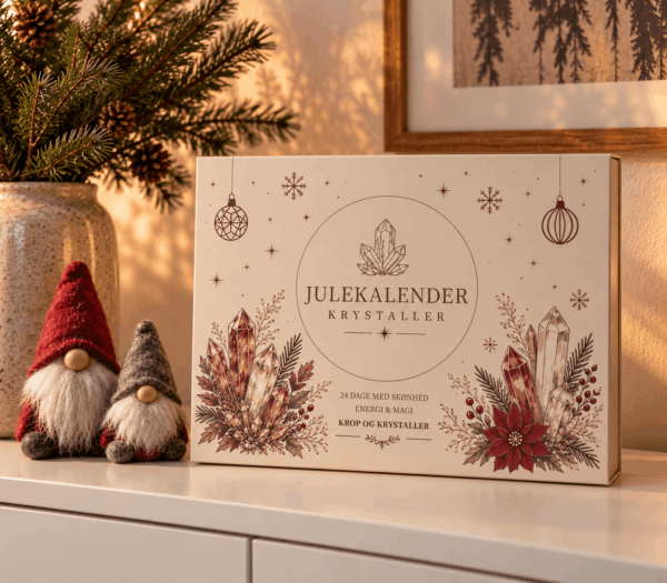 Krystal julekalender 2026 på reol med julepynt og små krystaller