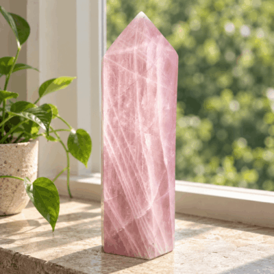 XXL Rosakvarts Tårn Nr. 01 på 27 cm med rosa farve og markante naturlige lyse bånd